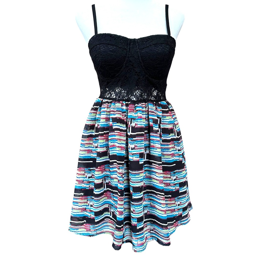 Material Girl Lace Bustier Dress Womens Medium Black Multi Color Fit Flare Party